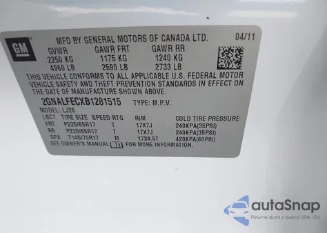 2011 Chevrolet Equinox Ltz from USA, damaged, VIN 2GNALFECXB1281515